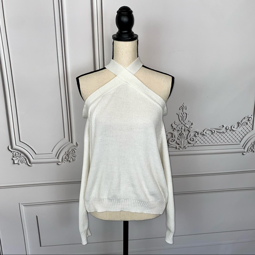 White Oversized Knit Halter Open Shoulder Sweater | Size S